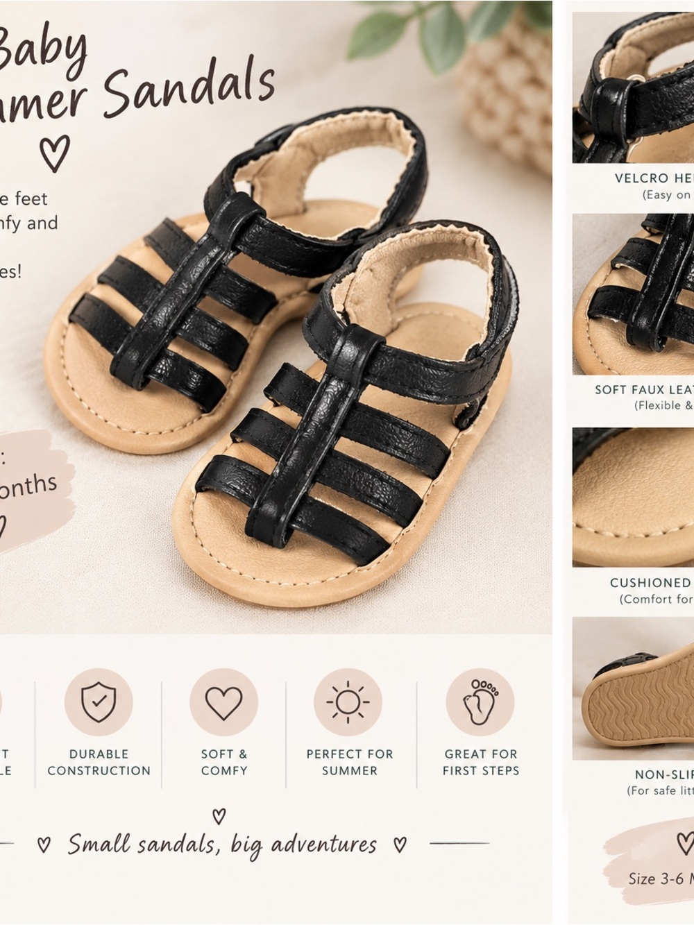 Baby Kids Black T-Strap Sandals - Soft Faux Leather